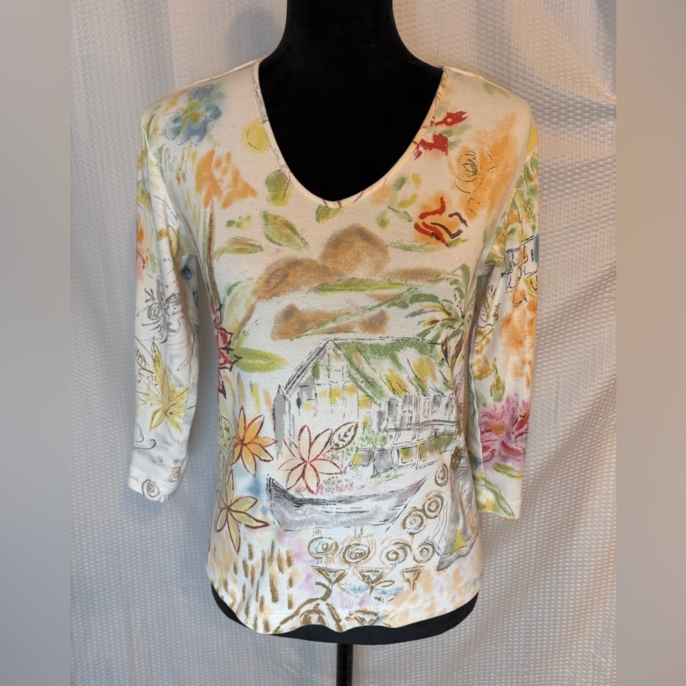 Chico’s 100% cotton women’s novelty print v-neck 3/4 sleeve blouse size small